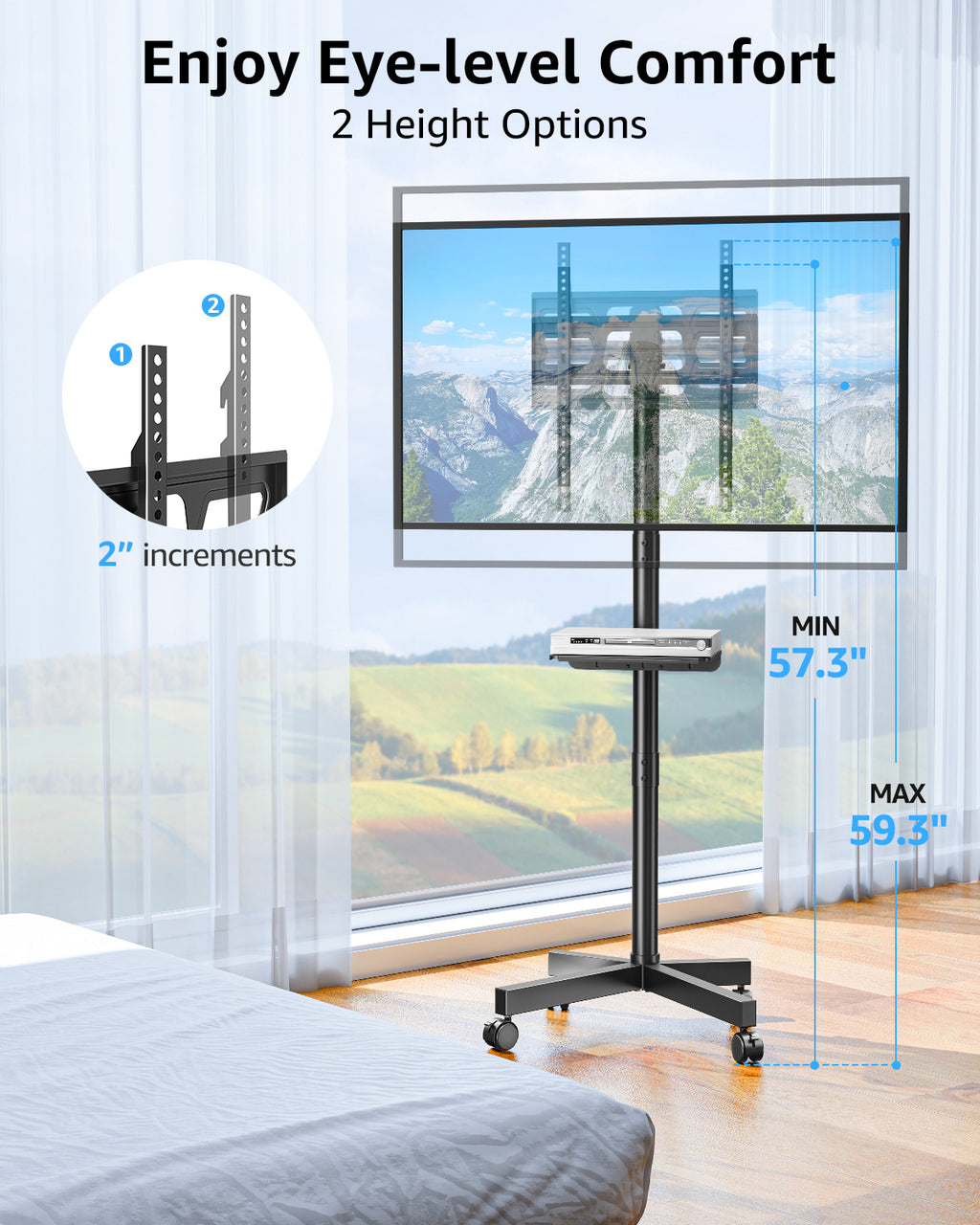 MOUNTUP Rolling TV Stand for 23-60" TVs – Mobile TV Cart with Wheels, Height Adjustable & Tilt, Max VESA 400x400mm, Holds up to 77 lbs – Portable Floor TVs Stand W/Shelf for Home, Office & Classroom