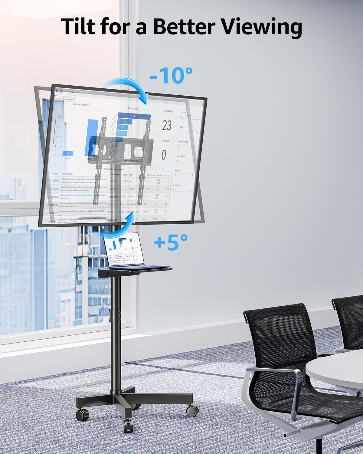 MOUNTUP Rolling TV Stand for 23-60" TVs – Mobile TV Cart with Wheels, Height Adjustable & Tilt, Max VESA 400x400mm, Holds up to 77 lbs – Portable Floor TVs Stand W/Shelf for Home, Office & Classroom