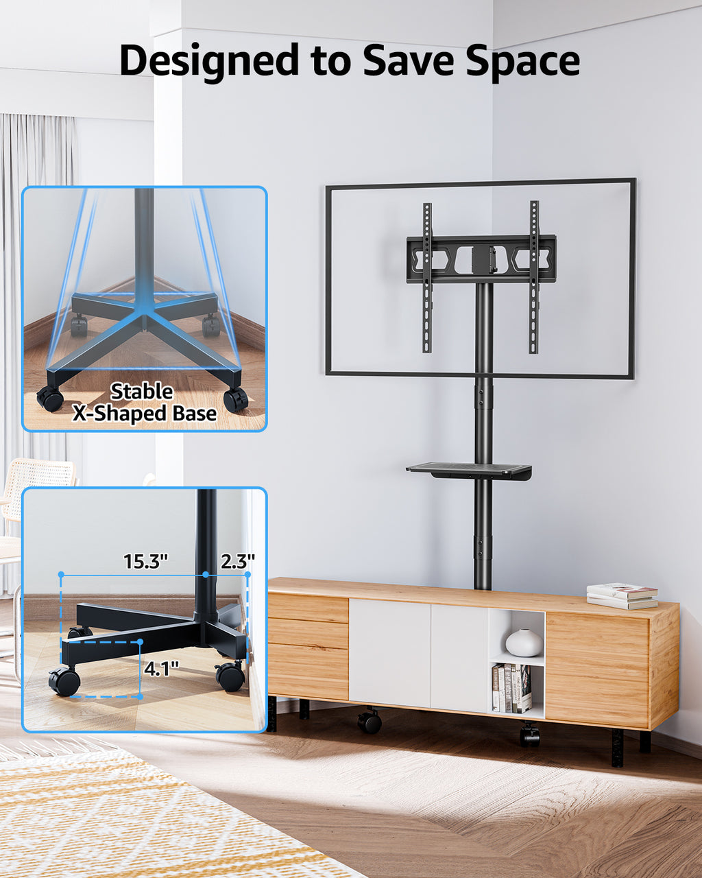 MOUNTUP Rolling TV Stand for 23-60" TVs – Mobile TV Cart with Wheels, Height Adjustable & Tilt, Max VESA 400x400mm, Holds up to 77 lbs – Portable Floor TVs Stand W/Shelf for Home, Office & Classroom