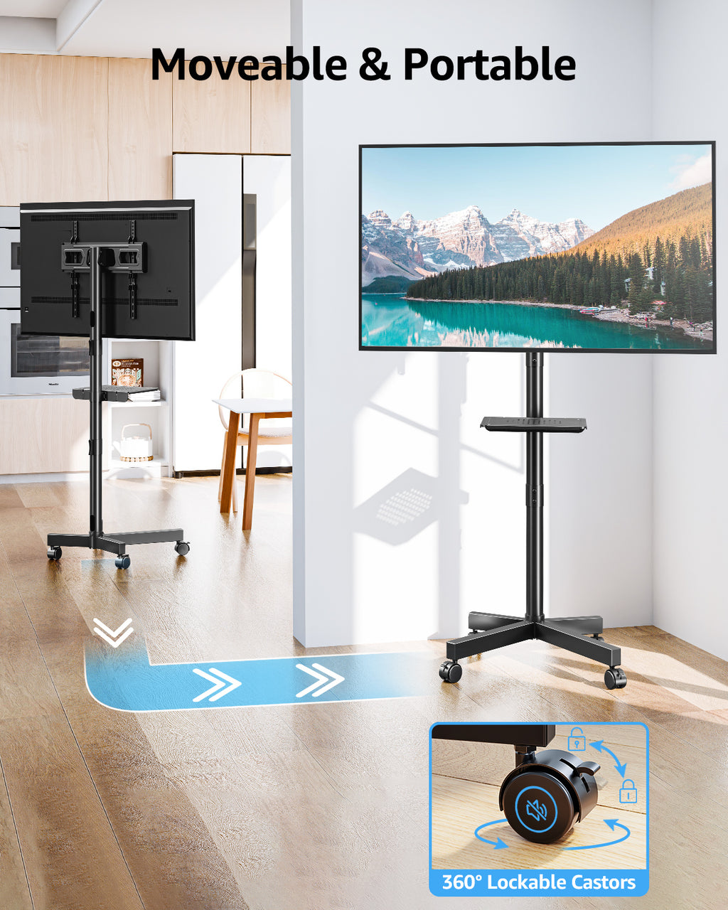 MOUNTUP Rolling TV Stand for 23-60" TVs – Mobile TV Cart with Wheels, Height Adjustable & Tilt, Max VESA 400x400mm, Holds up to 77 lbs – Portable Floor TVs Stand W/Shelf for Home, Office & Classroom