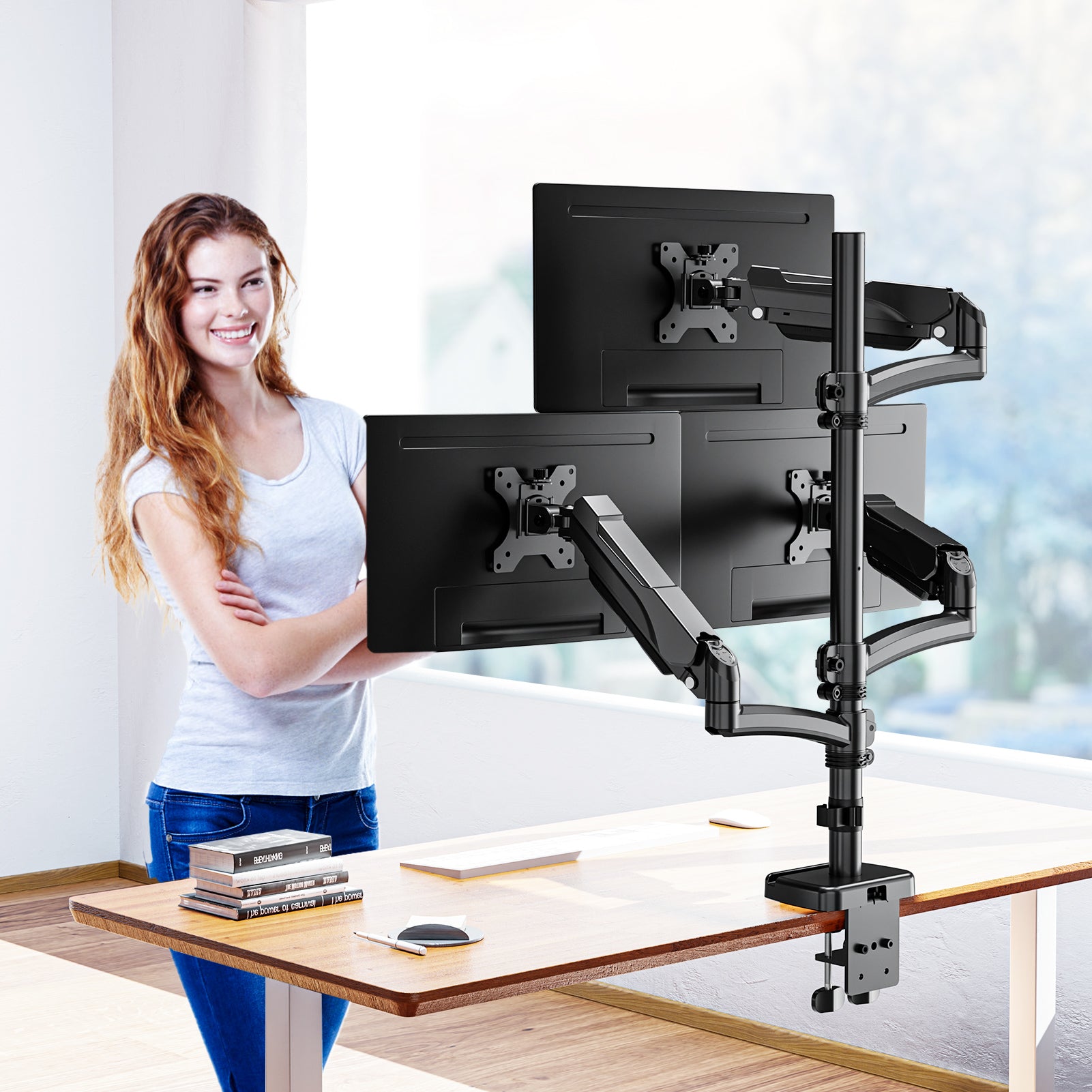 MOUNTUP Triple Monitor Mount for Max 32 Inch Screen, Each Arm Holds 4.4-17.6lbs, 3 Monitors Desk Mount, Triple Monitor Stand for Desk, Adjutable Triple Monitor Arm with Clamp/Grommet Base