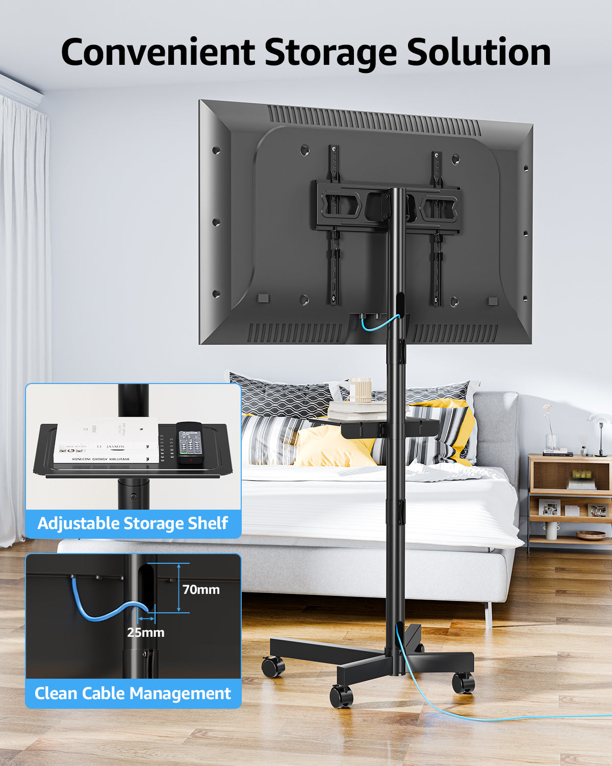 MOUNTUP Rolling TV Stand for 23-60" TVs – Mobile TV Cart with Wheels, Height Adjustable & Tilt, Max VESA 400x400mm, Holds up to 77 lbs – Portable Floor TVs Stand W/Shelf for Home, Office & Classroom