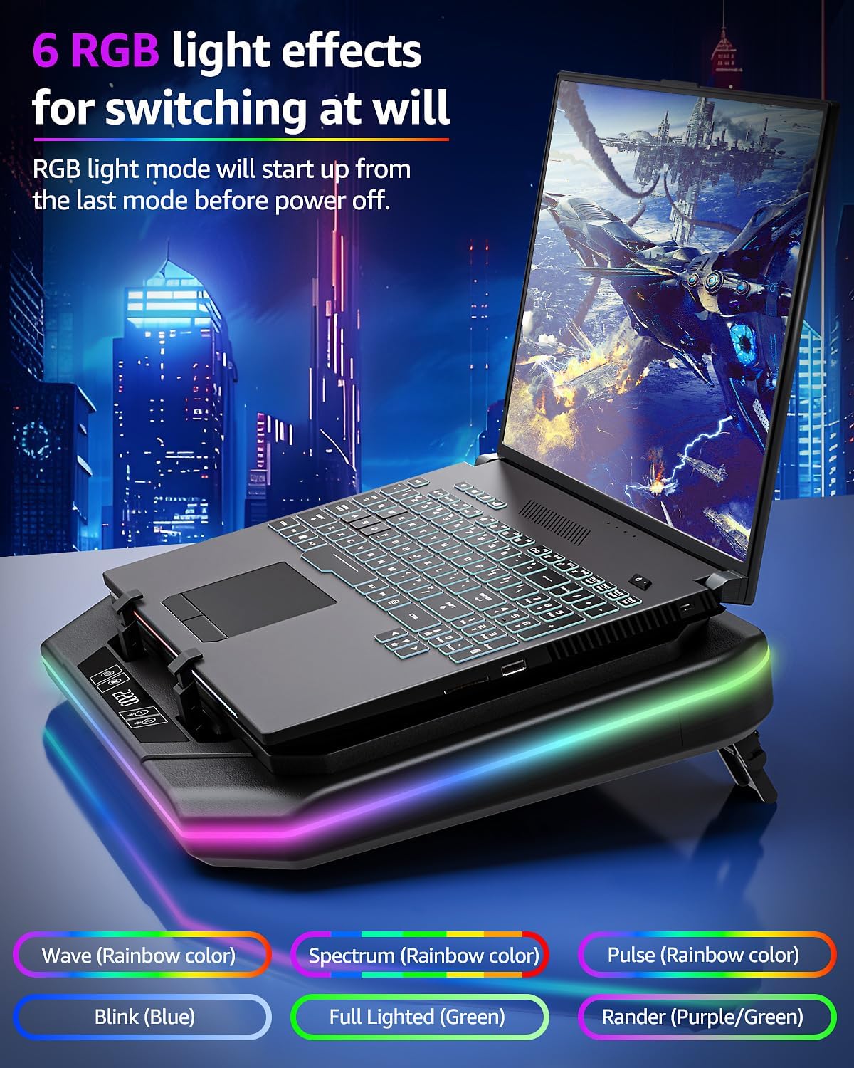 MOUNTUP RGB Laptop Cooling Pad for 13-19 Inch, Max 3500RPM Gaming Laptop Cooler, Cooling Pad Stand with Touch Switch to Control Speed, Laptop Fan Cooling Pad with Powerful 4.72 Inch Turbo Fan