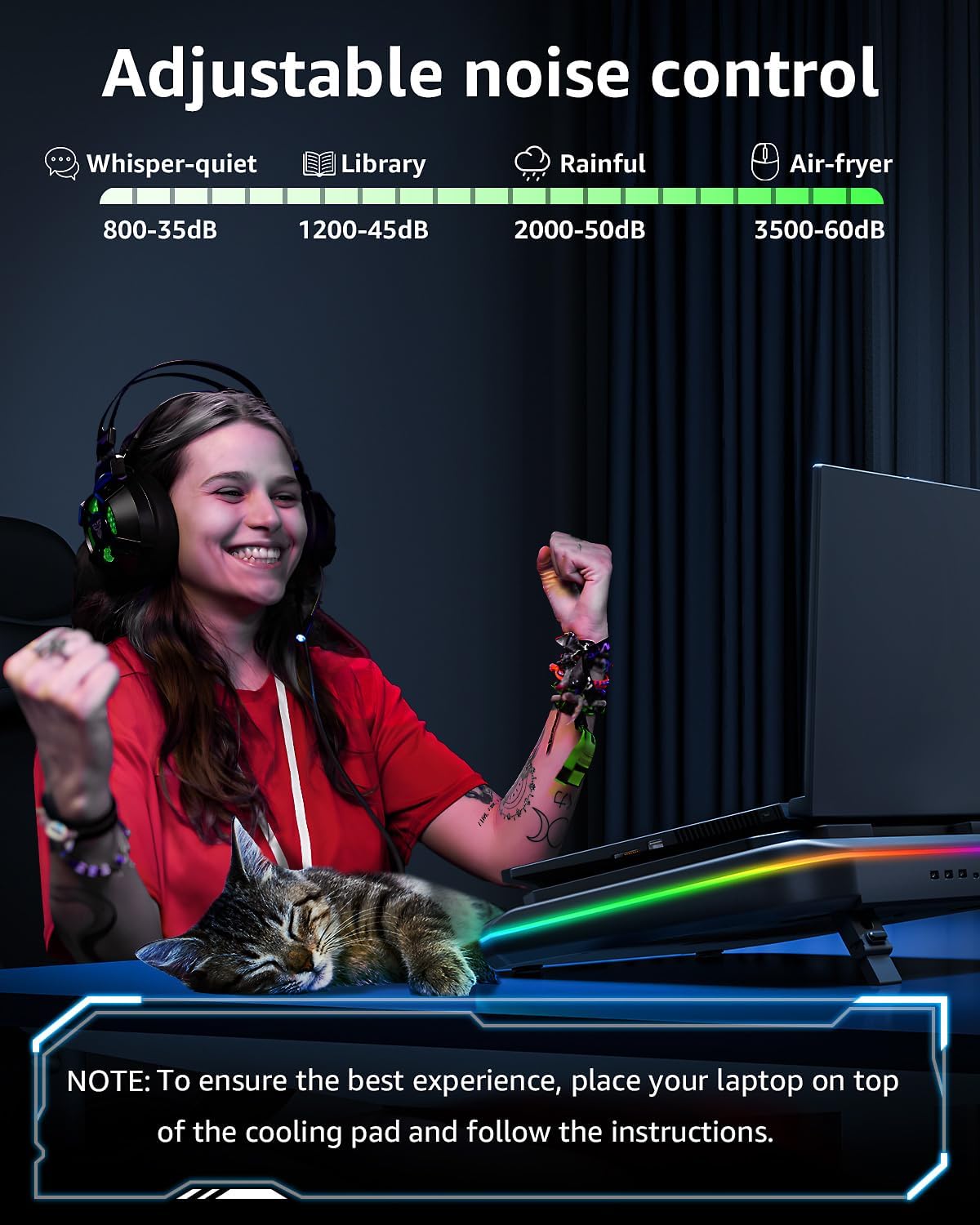 MOUNTUP RGB Laptop Cooling Pad for 13-19 Inch, Max 3500RPM Gaming Laptop Cooler, Cooling Pad Stand with Touch Switch to Control Speed, Laptop Fan Cooling Pad with Powerful 4.72 Inch Turbo Fan